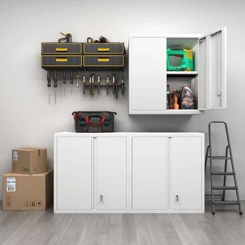 GREATMEET Locking Metal Wall Cabinet, Metal Storage Cabinet with 2 Shelves, Wall Mount Cabinet with Lock, Floating Garage Cabinets with Adjustable Shelf - color: White, size: 27.95"H