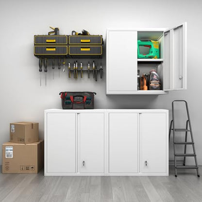 GREATMEET Locking Metal Wall Cabinet, Metal Storage Cabinet with 2 Shelves, Wall Mount Cabinet with Lock, Floating Garage Cabinets with Adjustable Shelf - color: White, size: 27.95"H