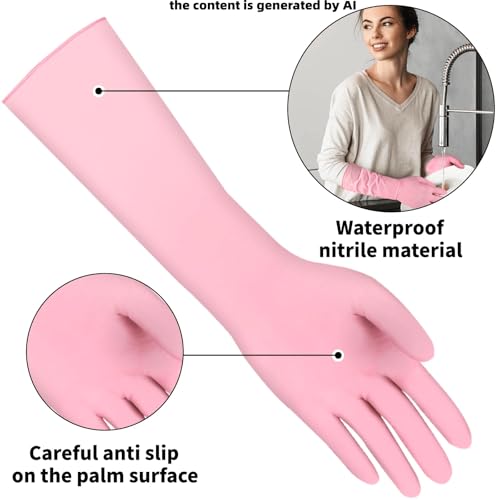 Long Sleeves Durable Disposable Nitrile White Gloves 15inches,Household Cleaning Dishwashing Waterproof 30PCS - color: Pink, size: Medium