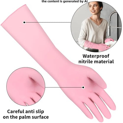 Long Sleeves Durable Disposable Nitrile White Gloves 15inches,Household Cleaning Dishwashing Waterproof 30PCS - color: Pink, size: Large