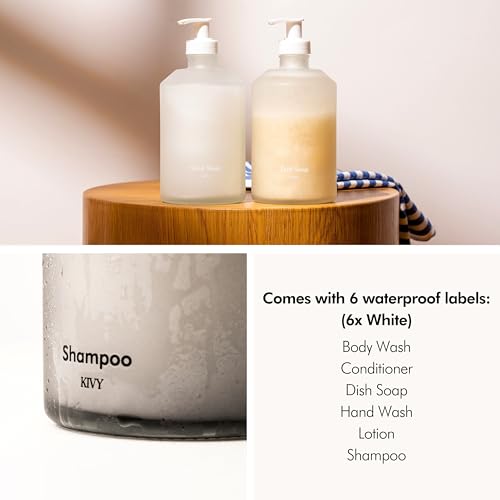 KIVY Glass Soap Dispenser Set [INCL. Waterproof Labels] - Glass Soap Dispenser with Pump - Hand Soap and Dish Soap Set - for Kitchen, Shower & Bathroom - Refillable (Matte White) - color: Matte White