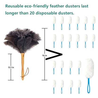 Genuine Ostrich Feather Duster, 16 inch Gray Ostrich Feather Duster with Wood Handle, Reusable Car Dusters, Eco-Friendly Handheld Cleaning Dusters for Home, Office and Kitchen - color: Gray Brown Classic