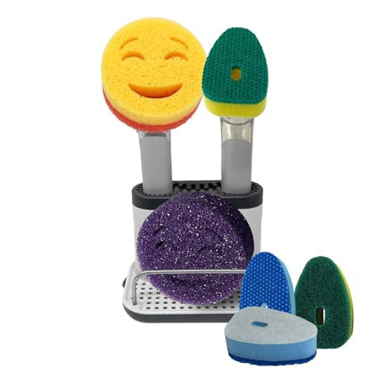 The Original Smiling Handle with Soap Dispensing for Scrub Daddy (Reg. TM) Sponge and Scrub Moji Sponges with Smilyeez Caddy, Dishwand, & 2 Scrub Mojis (White & Grey) - style: White - Grey With Sponges