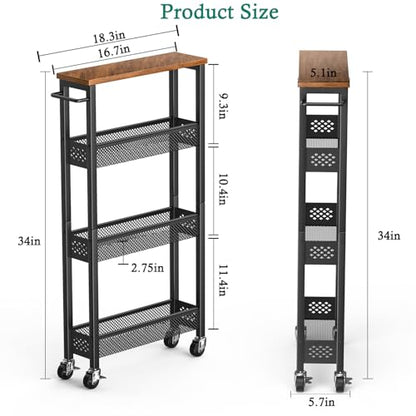 XYZLVSI Slim Storage Cart 4 Tier Narrow Kitchen Rolling Cart on Wheels for Small Space, Mobile Utility Cart Shelving Unit with Wooden Top and Metal Handle for Kitchen, Bathroom, Laundry Room - size: 16.7"Dx5.0"Wx34"H