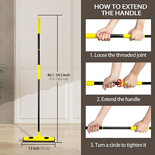 Rubber Broom with Squeegee, Carpet Rake for Pet Hair Removal 54 Inches Long Handle, Fur Remover, Portable Detailing Lint Brush for Fluff Carpet, Window, Tile, Hardwood Floor