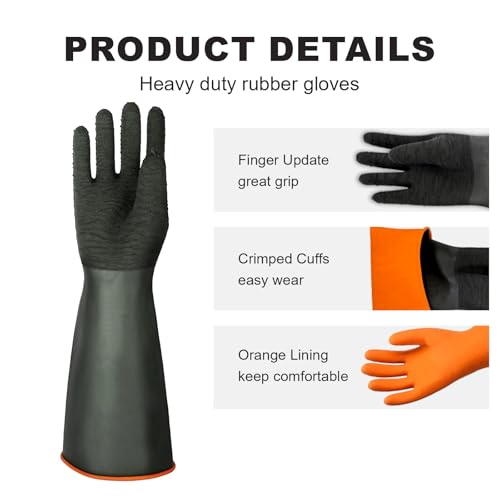 North Tower Heavy Duty Rubber Gloves, Industrial Gloves Waterproof Reusable Protective Work for Cleaning, Dishwashing,Upgraded with Non-Slip Design, Black (22in,2pair) - size: 22”（2 pair）