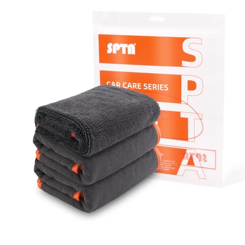 SPTA Microfiber Car Drying Towels, Cleaning Cloth Towels, Twist Pile Rapid Drying Orange Edge Car Microfiber Towels for Car Detailing, Pack of 3, 16.5 x 16.5 Inch, 600 GSM, Gray-MT040