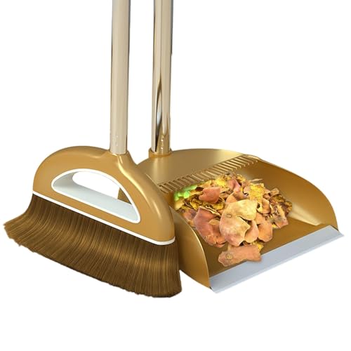 Broom and Dustpan Set, Long Handle Broom with Stand Up Dustpan Combo Set, Light Weight Stainless Steel Poles Stand Upright Dustpans and Broom Set, Broom with Dustpan for Home Kitchen Room - color: Gold