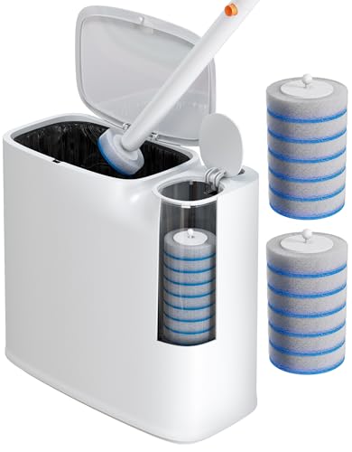 Small Bathroom Trash Can with Lid, Disposable Toilet Brush with 12 Refills, Toilet Bowl Cleaning Wand Set-2 Gallon Silm Garbage can and Toilet Brush Holder for Bathroom, Toilet, RV(White)