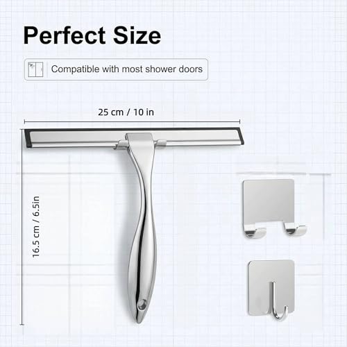 Stainless Steel Shower Squeegee 10 Inch with 2 Adhesive Hooks, Streak-Free Cleaner for Glass Shower Doors, Windows, Mirrors & Tiles