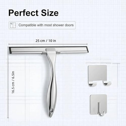 Stainless Steel Shower Squeegee 10 Inch with 2 Adhesive Hooks, Streak-Free Cleaner for Glass Shower Doors, Windows, Mirrors & Tiles