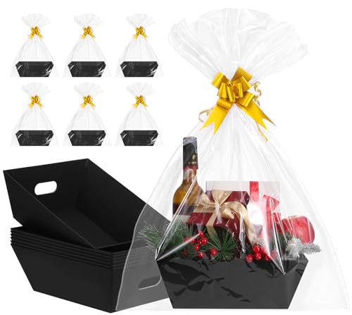10PACK Black Baskets For Gifts Empty, 10x12”Thick Kraft Gift Basket with 10 Bows 10 Bags Empty Gift Baskets for Christmas, Easter, Birthdays, Snacks, Farmers Market - color: Black