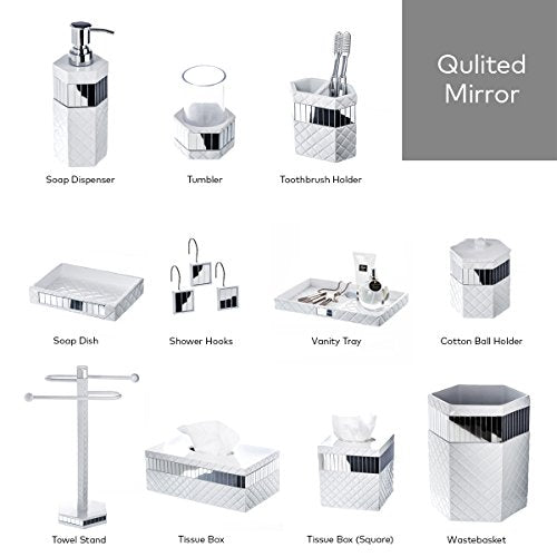 Creative Scents Quilted Mirror White Bathroom Accessories Set - Decorative 4 Piece Bathroom Set - Mirrored Bathroom Accessory Set Includes: Soap Dispenser, Toothbrush Holder, Tumbler & Soap Dish - style: 4 Piece Set