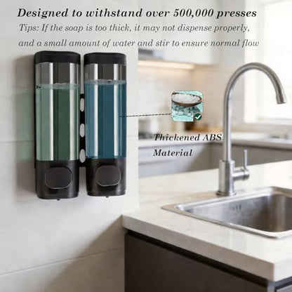 2-Chamber Black Wall Mounted Soap Dispensers, 10oz/300ML Refillable Shampoo Conditioner Shower Dispenser No Drill, Clear Plastic Manual Pump Dispenser for Bathroom Hotel Kitchen - color: 2-chamber Black