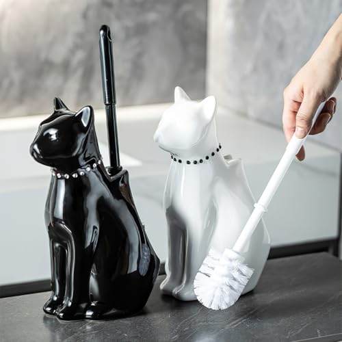 Cat Toilet Brush Holder - Ceramic Whimsical Feline Design with Wide-Mouth Storage, Black Toilet Bowl Brush and Holder Set Cute for Bathroom Ground, Easy-Clean Cat Lover Gift (Black)