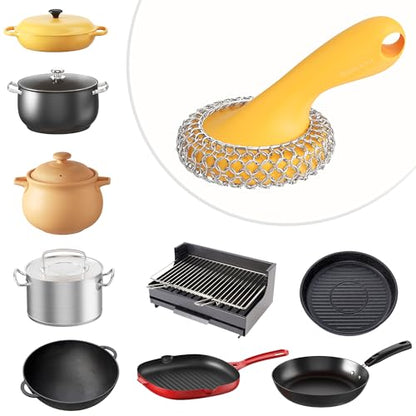 SUBEKYU Cast Iron Scrubber with Silicone Handle, Stainless Steel Skillet Cleaner for Cast Iron Pans (Yellow) - color: Yellow