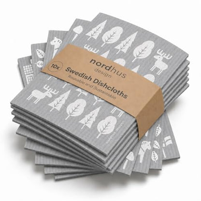 Nordhus Design Swedish Dishcloths,10 Grey Cloths, Made in Sweden - Reusable, Washable Cellulose Cotton Kitchen Cloths - Replace Paper Towels, Wipes, Sponges, Dish Rags - color: 3. Nordic Forest
