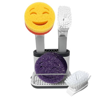The Original Smiling Handle with Soap Dispensing for Scrub Daddy (Reg. TM) Sponge and Scrub Moji Sponge, Smile Caddy, and 2 Scrub Mojis (White/Grey Wands) - style: White / Grey Brush
