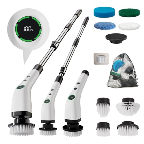 Electric Bathroom Cleaning Brush, Cordless Spin Scrubber Full Body Waterproof IPX7 with Adjustable Handle, 8 Replaceable Brush Heads for Bathtub/Kitchen/Window/Home -SD-CTB01 - color: White and Black