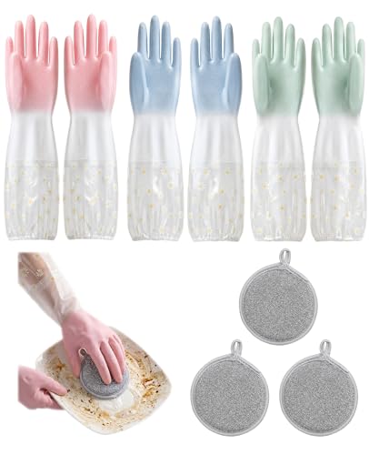 3PCS Dishwashing Cleaning Gloves + 3PCS Wire Dish Rags Set - Long Cuff Reusable Rubber Gloves & Non-Scratch for Kitchen, Cleaning, Gardening - Waterproof, Tear-Resistant