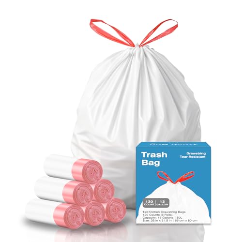 KUK 13 Gallon Tall Kitchen Drawstring Trash Bags, Unscented, White, 120 Count, Tear-Free Individual Garbage Bags, Tear-Resistant, Leak Proof, Garbage Bag for Kitchen, Home Office 2 - size: 1 Count (Pack of 119)