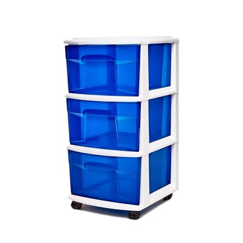 HOMZ 3-Drawer Storage Cart, Plastic Home & Office Organizer, Blue w/ White Frame - color: White Frame/Blue Drawers, size: 1 Pack