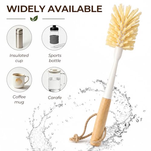 2 Pack Bamboo Bottle Brush - 11.4” Long Handle Water Bottle Cleaner Brush with Odorless Nylon Bristle, Bottle Scrubber Brush for Cleaning Mug, Glass, Sports Bottle