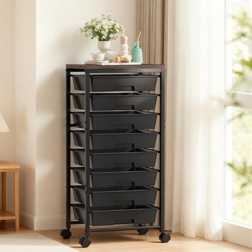 Rolling Cart with 8 Drawers, Plastic Drawer Storage Carts with Wheels & Wooden Tabletop, Metal Utility Cart Organizer for Bedroom Living Room Office Classroom Craft Organization and Storage, Black - color: Dark Black