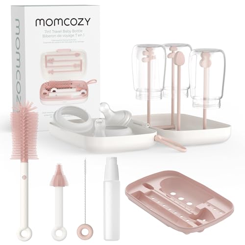 Momcozy 7-in-1 Baby Bottle Cleaner Kit with Silicone, Nipple & Straw Brushes, Soap Dispenser and Drying Rack - Portable Cleaning Tool for Home and Travel, Pink - color: Pink, size: Classic Style
