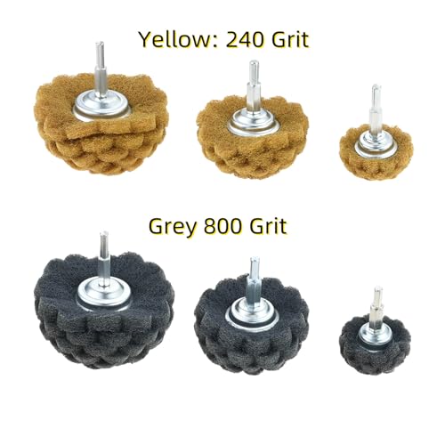 dophee 6Pcs Scouring Pads Non Woven Abrasive Drill Polishing Cleaning Kit 1/4" Shank Half Ball Shape Buffing Wheel, 3 240# Yellow and 3 800# Grey - style: 240# 800#