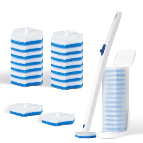 Disposable Toilet Brush Set with Holder, White and Blue, Includes 16 Cleaning Refills (1+16 Refills) - size: 1+16 Refills