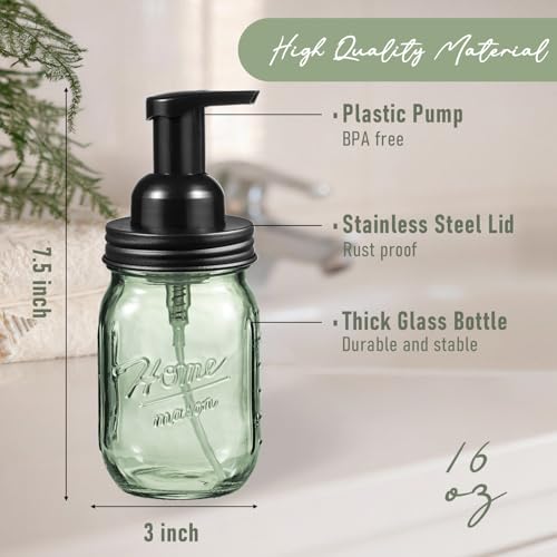 SheeChung 16Oz Mason Jar Foaming Soap Dispenser, Stainless Steel Lid, BPA Free Pump, Green Glass Foam Hand Soap Dispenser, Refillable Liquid Foam Dispenser Bottle for Bathroom Kitchen, Dish Soap-Black - color: Regular Mouth, Black-1 Pack