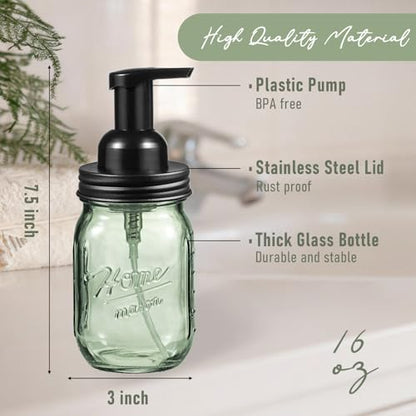 SheeChung 16 Oz Mason Jar Foaming Soap Dispenser, Stainless Steel Lid, BPA Free Pump, Green Glass Foam Hand Soap Dispenser, Refillable Liquid Foam Dispenser Bottle for Bathroom Kitchen-Black, 2 Pack - color: Regular Mouth, Black-2 Pack