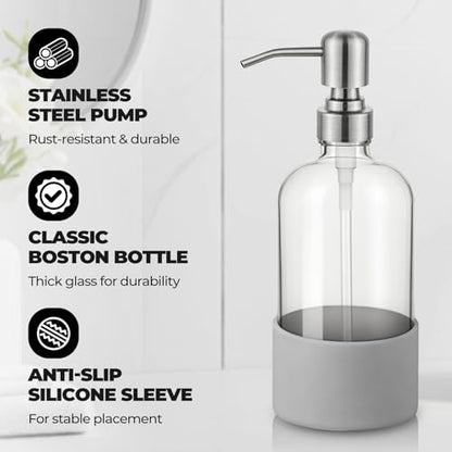 16 oz Hand and Dish Soap Dispenser Set for Kitchen and Bathroom, 500ml Clear Glass Soap Dispenser with Stainless Steel Pump, Non-Slip Silicone Sleeves, Labels - 2 Pack - color: Clear