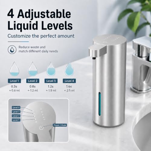 XINKORA Stainless Steel Automatic Soap Dispenser for Dish & Hand Soap, Touchless Sensor Pump, 4 Adjustable Levels, USB-C Rechargeable, 350mL, Wall Mount or Countertop for Kitchen & Bathroom