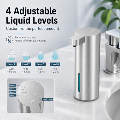 XINKORA Stainless Steel Automatic Soap Dispenser for Dish & Hand Soap, Touchless Sensor Pump, 4 Adjustable Levels, USB-C Rechargeable, 350mL, Wall Mount or Countertop for Kitchen & Bathroom