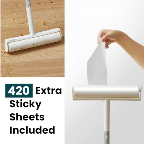 Large Lint Roller with Extra Sticky Roller and 420 Sheets 9.5" Wide, Floor Lint Roller Long Handle, Extendable to 41", Carpet, Couch, Pet Hair, Clothing Cleaning Supplies (White Roller + 7 Refills) - size: White Roller + 7 Refills