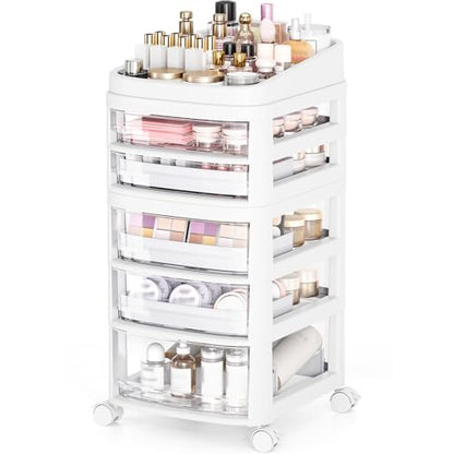 Rolling Cart with 5 Drawers, Clear Plastic Drawer Organizers, Dust Proof Under Desk Storage for Makeup, Skincare, Art Crafts and Baby Items, Acrylic Cosmetic Organizer with Dividers, Vanity Cart - size: 5 Tier