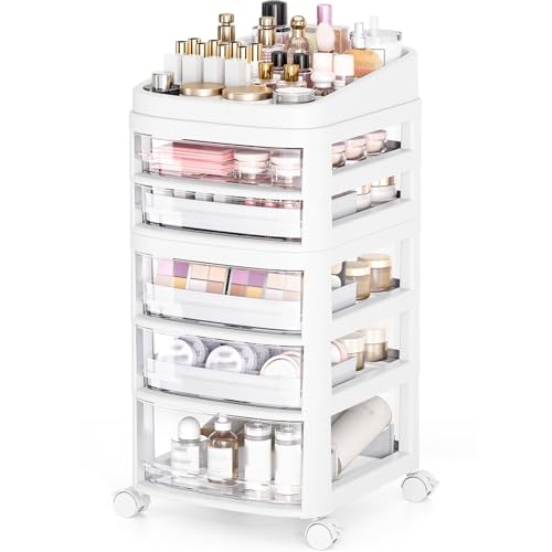 Rolling Cart with 5 Drawers, Clear Plastic Drawer Organizers, Dust Proof Under Desk Storage for Makeup, Skincare, Art Crafts and Baby Items, Acrylic Cosmetic Organizer with Dividers, Vanity Cart - size: 5 Tier