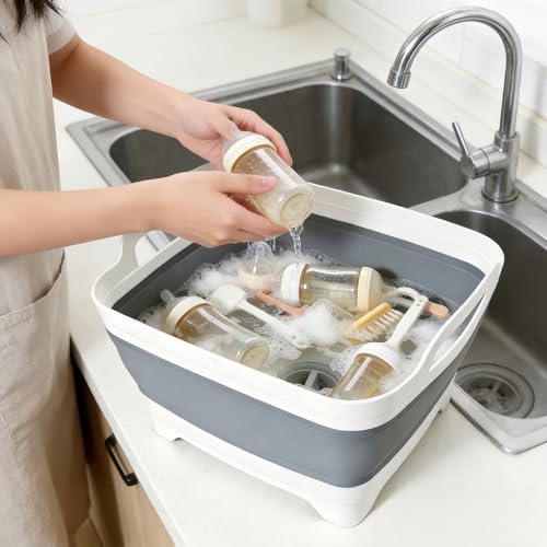 FOSJGO Collapsible Dish Basin with Drain Plug, 2.4 Gal (9L) Space-Saving Foldable Sink, Wash Basin for Kitchen, Baby Bottles, Vegetable Washing, Camping, RV and Party Beverage Tubs (gray) - color: Gray