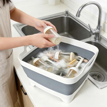FOSJGO Collapsible Dish Basin with Drain Plug, 2.4 Gal (9L) Space-Saving Foldable Sink, Wash Basin for Kitchen, Baby Bottles, Vegetable Washing, Camping, RV and Party Beverage Tubs (gray) - color: Gray