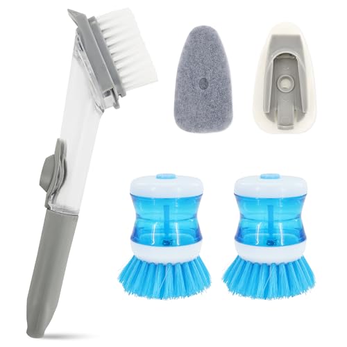 Dish Brush with Soap Dispenser Set, 3 PCS Soap Dispensing Dish Brush with 2 Sponges, Can Be Used to Wash Dishes Pots Pans Plates Cutting Boards Sinks Kitchen Utensils