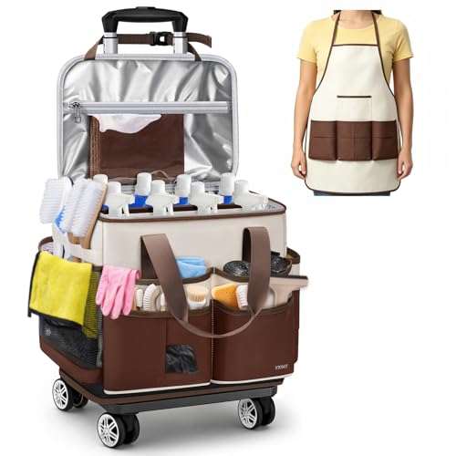 Ytonet Large Cleaning Caddy with 4 Spinner Wheels, Wearable Rolling Cleaning Caddy Bag with Cleaning Apron, Detachable Trolley Portable Cleaning Supplies Organizer Cart for Housekeepers, Car, Tool - color: Beige Brown