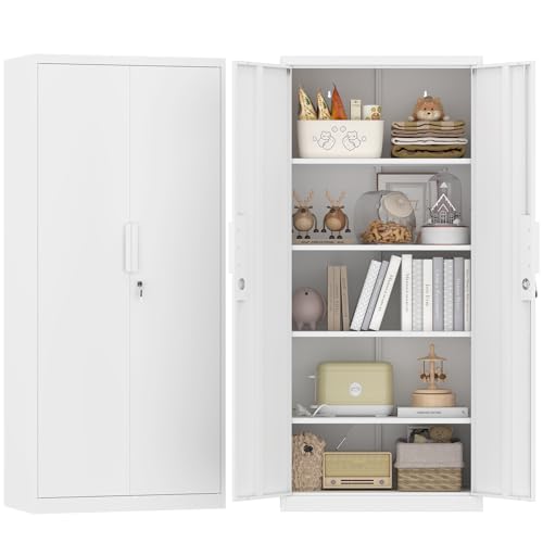 GREATMEET Metal Garage Storage Cabinets with Lock Door and Adjustable Shelves, 71'' x 32'' x 17'' White Steel Tool Cabinets for Home Office Warehouse - color: White, size: 71"H