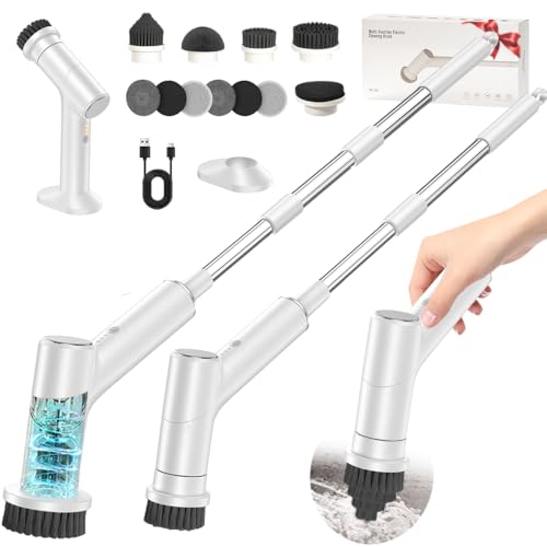 Electric Spin Scrubber, 2600mAh Battery with Extra-Long Runtime, 10 Brush Heads, IPX7 Waterproof Power Shower Scrubber with Long Handle, 2 Speeds Cordless Cleaning Brush for Bathroom Bathtub - color: White Grey