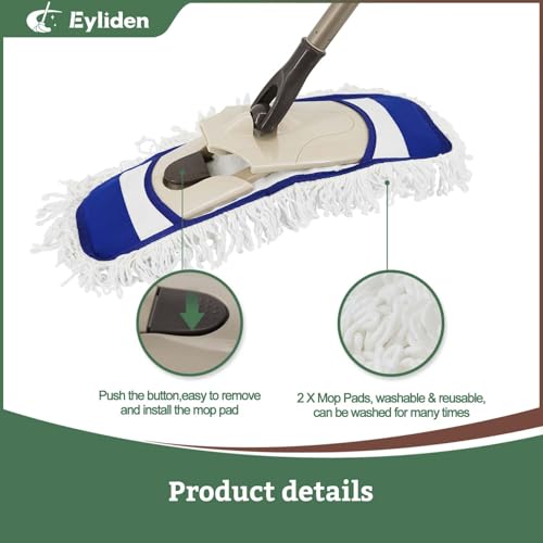 Eyliden Dust Mop, 2 Microfiber Pads, Home Commercial Cleaning, Quick Swap | 52.6" Adjustable Handle, 360° Swivel, Washable, Wet Dry Mops for Kitchen Hardwood Vinyl Tile Floor Cleaning, Push Dust Broom - color: Blue