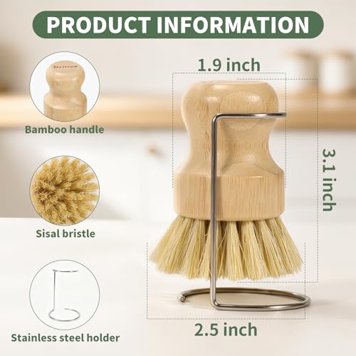 2 Pack Bamboo Dish Brush with Drain Holder - Natural Scrub Brush for Dish with Sisal Bristle, Wooden Dish Scrubber for Kitchen Cleaning Dishes, Pots, Pans and Vegetables