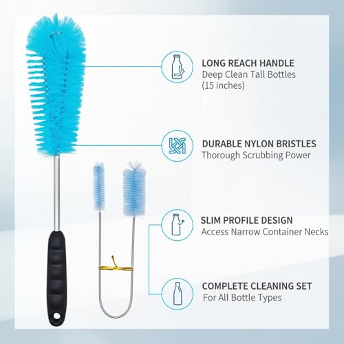 Long Handle Bottle Cleaning Brush for Narrow Neck Containers, Durable Nylon Bristles, Blue - size: 14.57 x 4.72 x 1.18 in