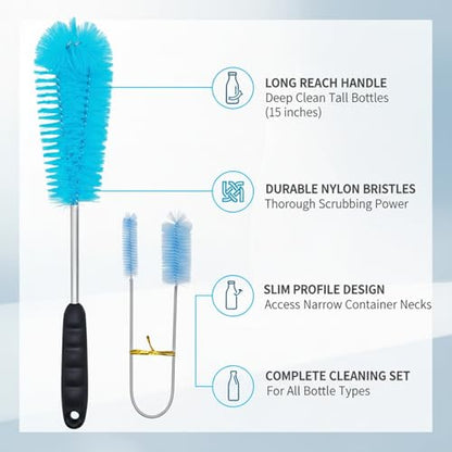 Long Handle Bottle Cleaning Brush for Narrow Neck Containers, Durable Nylon Bristles, Blue - size: 14.57 x 4.72 x 1.18 in