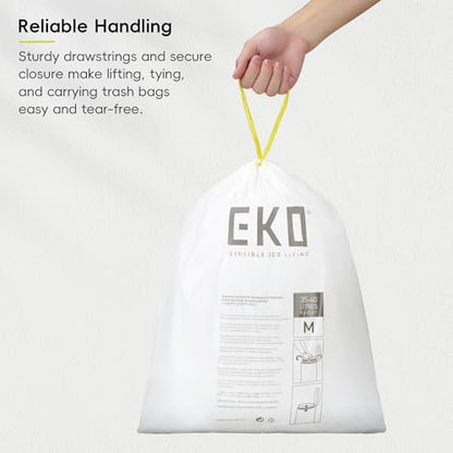 EKO 10.6 Gallon / 35–40 Liter Drawstring Trash Bags, 60 Count Heavy-Duty Tall Kitchen Garbage Can Liners, Extra-Strong Leak-Resistant, Unscented, White, Code M - size: 60 Count (Pack of 1), style: 10.6 Gallon Bags/Code M
